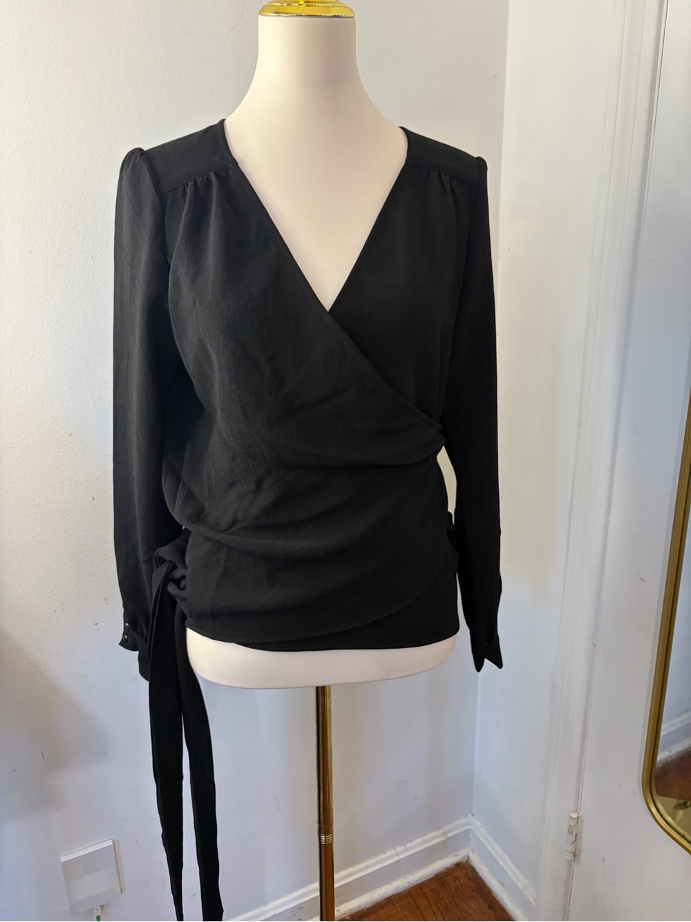 Sezane Nina Noir Black Wrap Tie-Side Long Sleeve Blouse
